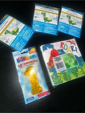 Gold Number 1 Foil Balloon + Dinosaur Party Supplies - Multicolor